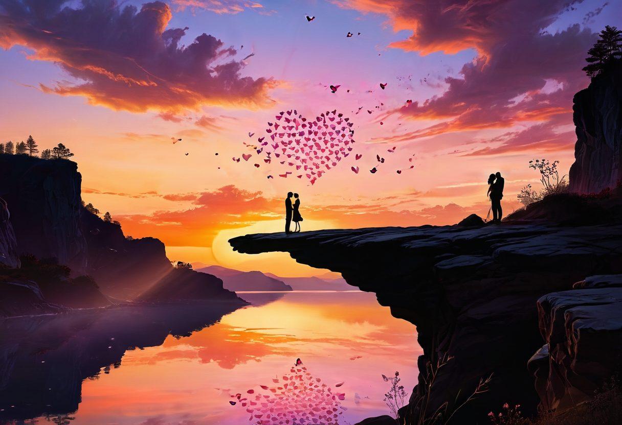 A couple standing atop a cliff, gazing at a breathtaking sunset, their silhouettes intertwined, with soft light illuminating their faces filled with love and affection. Surrounding them are floating hearts and delicate butterflies, symbolizing romance and connection. The horizon glows with vibrant oranges and pinks, creating a warm, inviting atmosphere. whimsical art style. bright colors. soft focus.