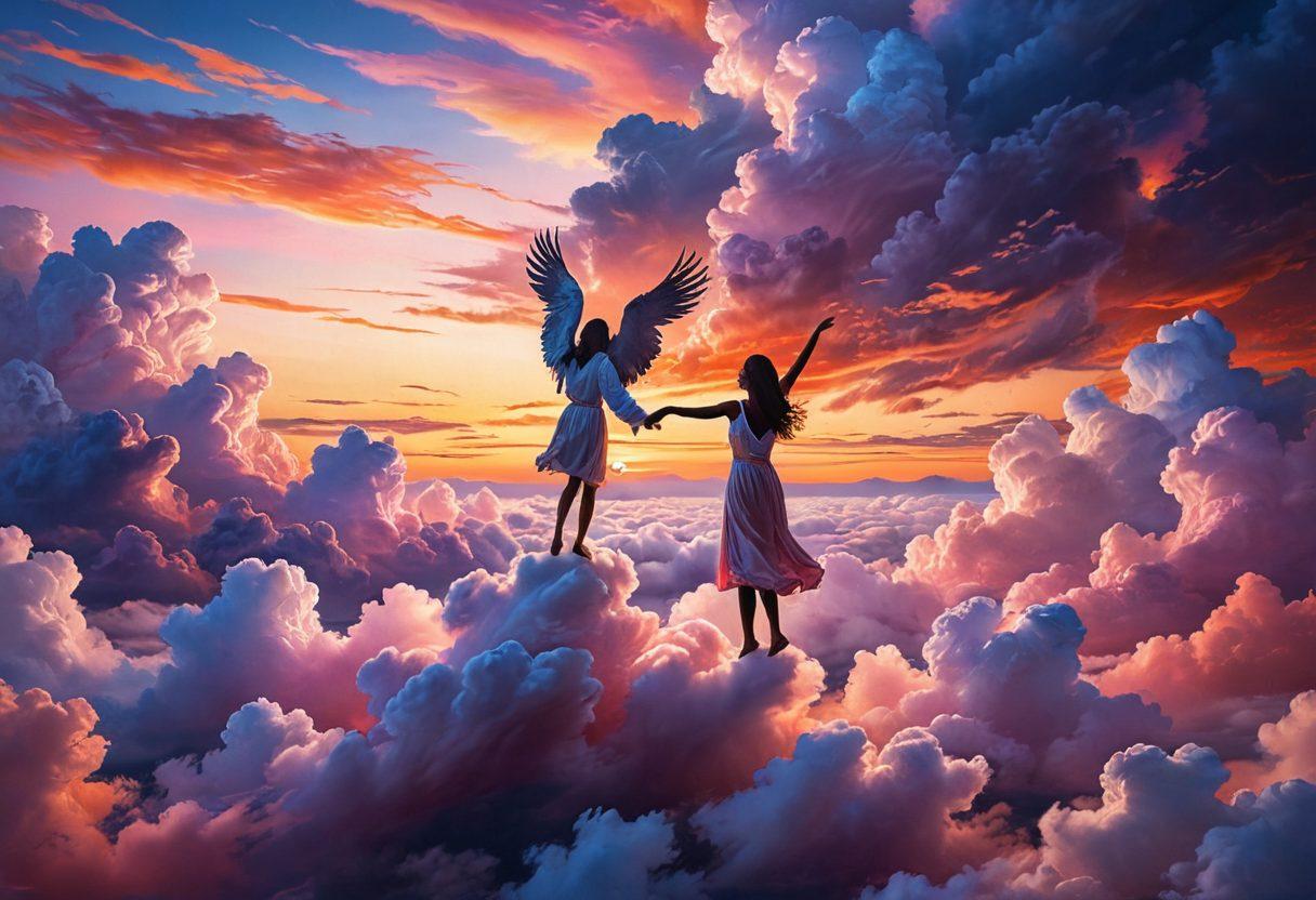 A serene scene depicting two individuals soaring high above the clouds, their hands gently intertwined symbolizing intimacy and devotion. The vibrant sky transitions from warm sunset hues to deep twilight blues, with soft, fluffy clouds surrounding them creating a sense of peace and connection. Below, a faint silhouette of a cityscape suggests the challenges of the world that they transcend. The composition should evoke feelings of love and elevation, highlighting the beauty of deep relationships. super-realistic. vibrant colors. ethereal atmosphere.