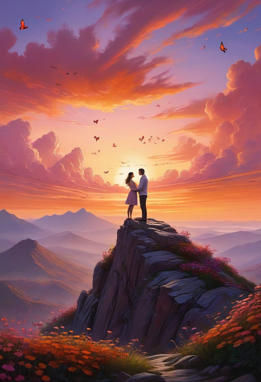 A couple standing on a mountain peak, embracing each other with a breathtaking sunset in the background symbolizing love and growth. Surround the couple with blooming flowers and butterflies to represent transformation and adoration. The sky is painted in warm hues of orange and pink, creating a romantic atmosphere. The scene conveys joy and connection. super-realistic. vibrant colors.